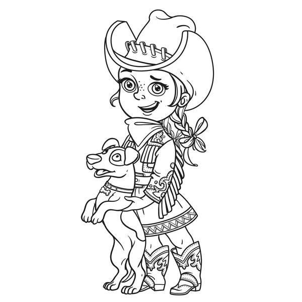 Cute Little Girl Cowboy Costume Playing Dog Outlined Isolated White — Stock Vector