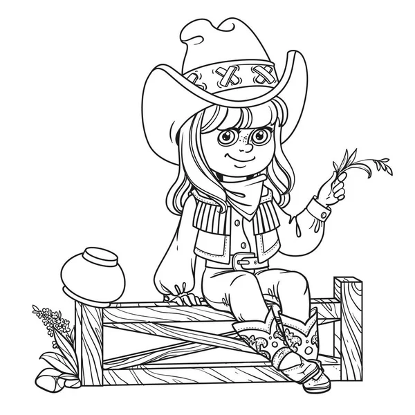 Schattig Meisje Een Cowboy Kostuum Zit Een Hek Geschetst Geïsoleerd — Stockvector