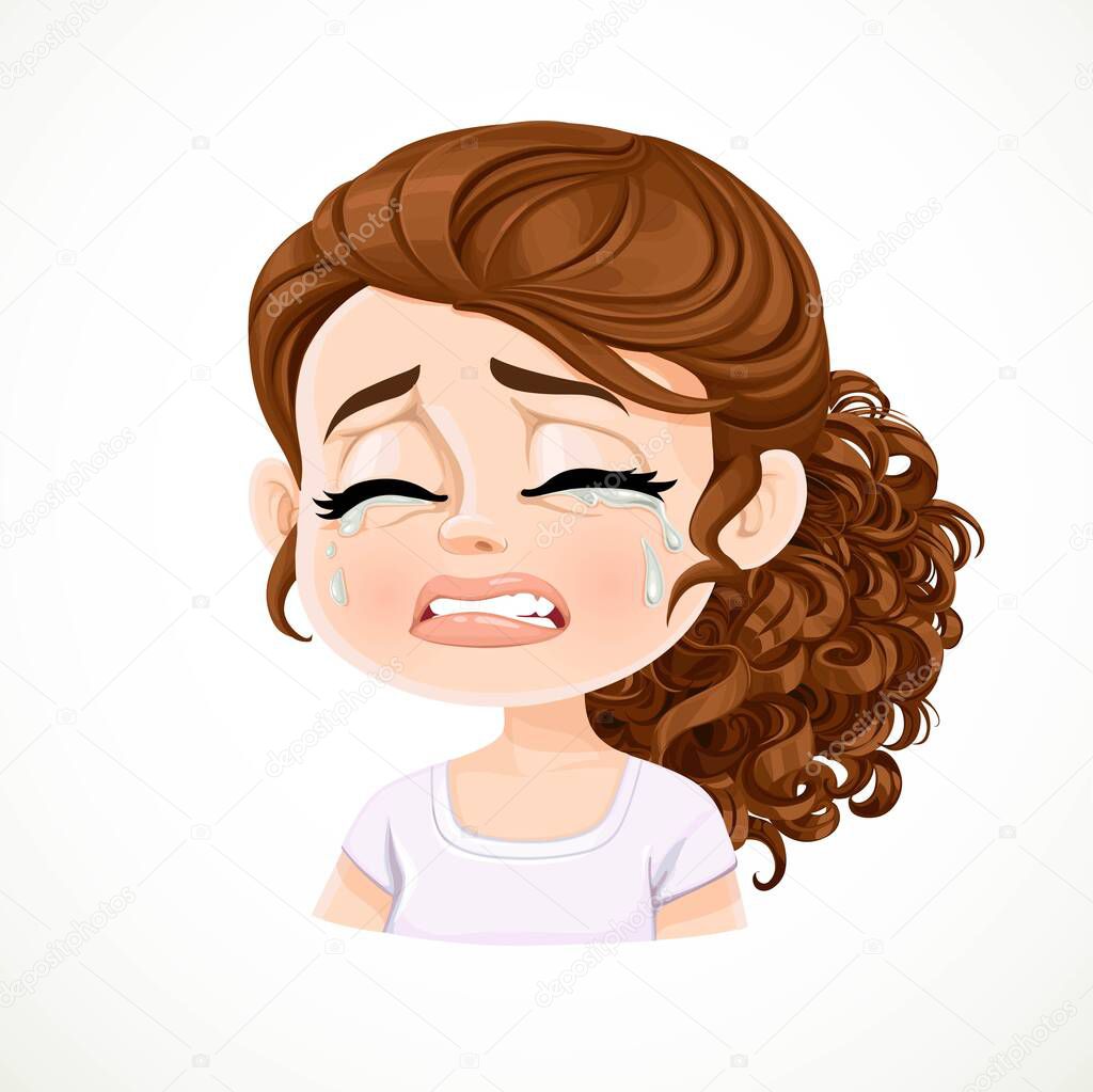 Beautiful inconsolably crying cartoon brunette girl with dark chocolate hair portrait isolated on white background