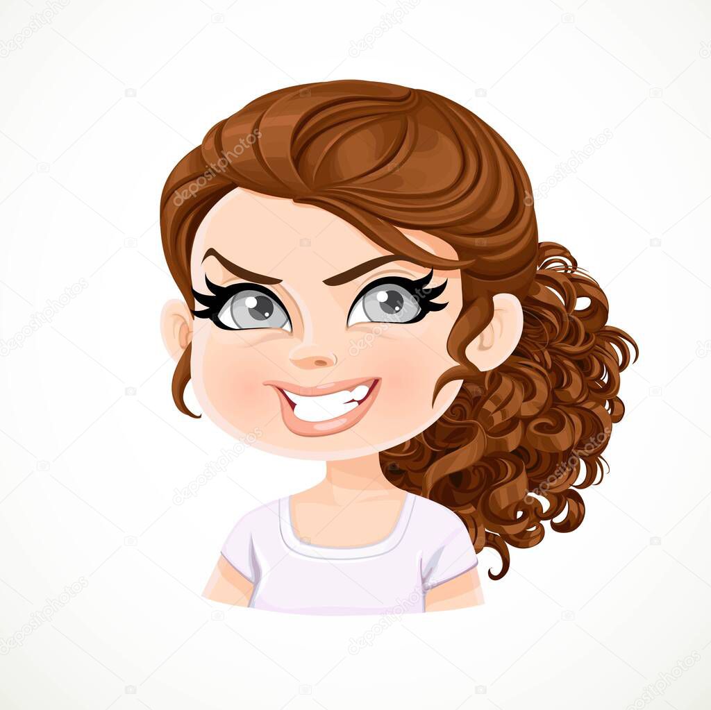 Beautiful insidious cartoon brunette girl with dark chocolate hair portrait isolated on white background