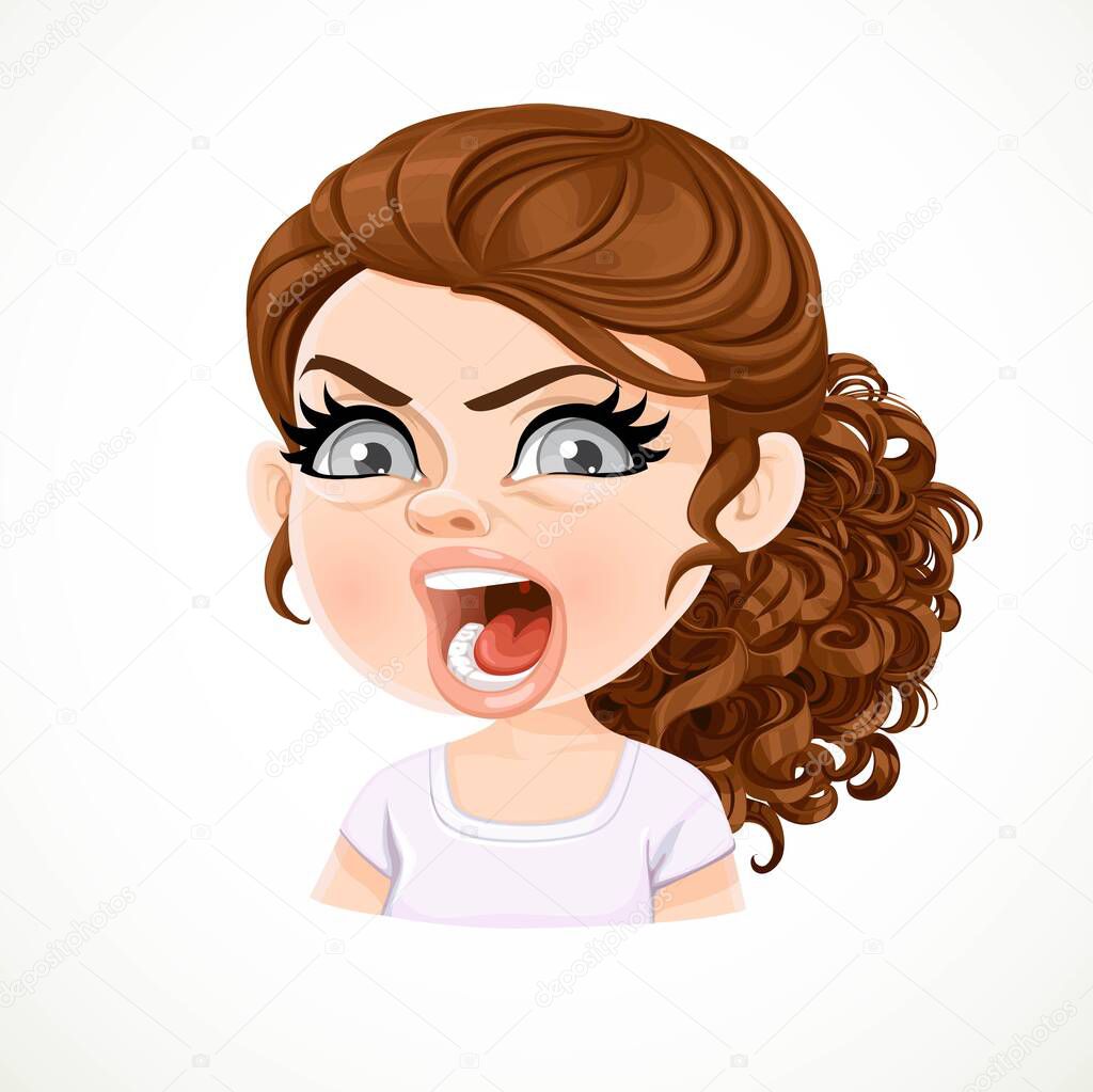 Beautiful angry aggressive smiling cartoon brunette girl with dark chocolate hair portrait isolated on white background