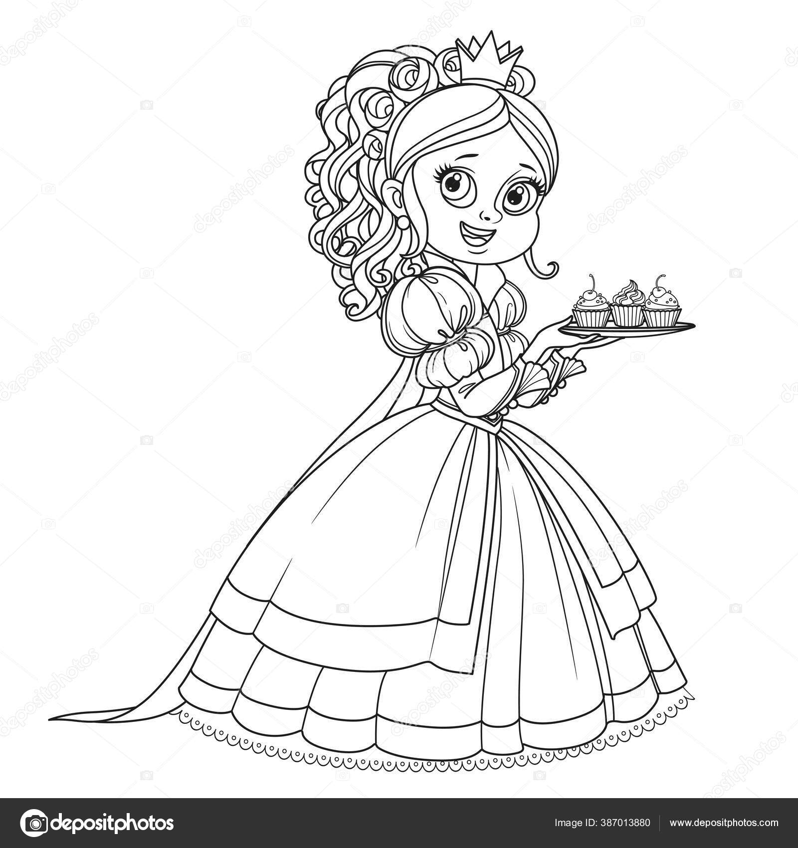 Hermosa Princesa Con Cupcakes Plato Delineado Para Colorear Libro Aislado  Vector de stock #387013880 de ©yadviga, image size:1600x1700