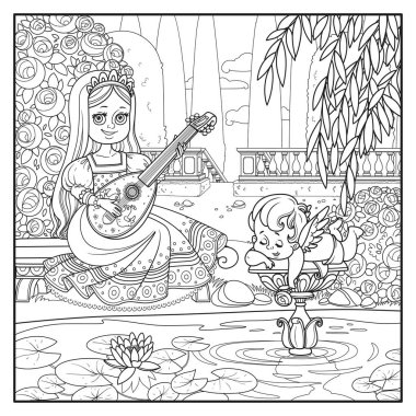 Güzel prenses gölün yanındaki saray parkında, beyaz arka planda boyama kitabı için özetlenmiş bir Aşk Tanrısı heykeli eşliğinde lavta çalıyor.