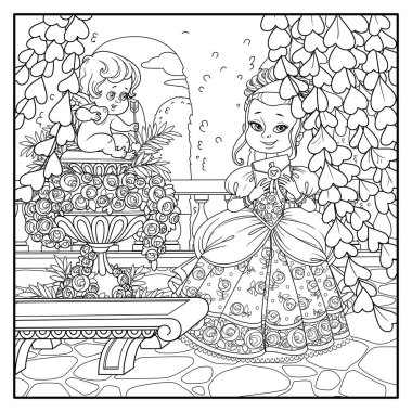 Güzel prenses, bahçedeki mermer vazonun yanında köşesinde boyamak için tasarlanmış bir aşk tanrısı heykeli olan bir mektup tutuyor.