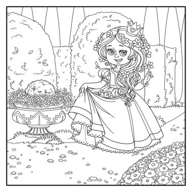 Saçları çiçekli güzel prenses ve saray parkındaki elbisenin kenarı. Çiçekler ve çiçeklerle renklendiriliyor.