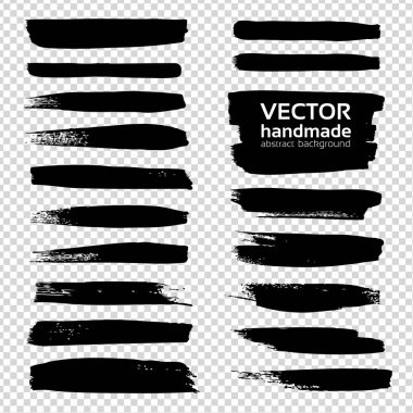 Fırça darbeleri siyah desenli soyut set taklit şeffaf arkaplan izole