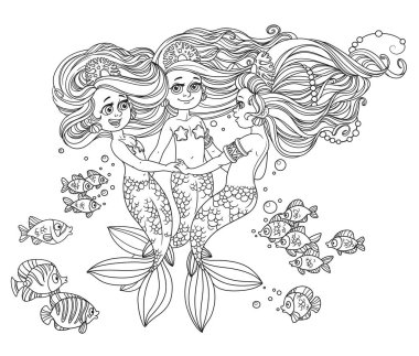 Üç güzel denizkızı dans ederken etrafları balıklarla çevrili beyaz arka planda izole edilmiş.