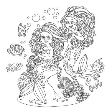 Sevimli kız denizkızı örgüleri, beyaz arka planda izole edilmiş arkadaş denizkızı.