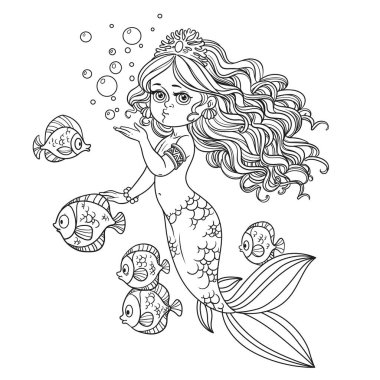 Güzel denizkızı, beyaz bir arka planda izole edilmiş bir öpücük gönderir.