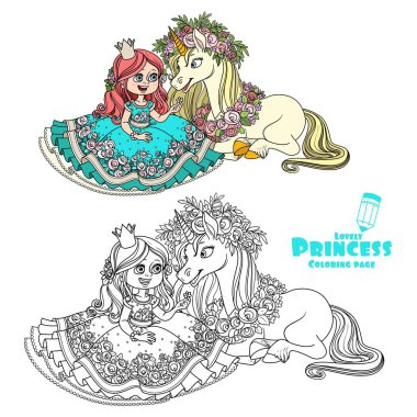 Princess with unicorn in a magnificent wreath of roses color and outlined picture for coloring book on white background
