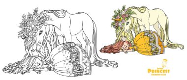 Little princess sleeping and a magical unicorn in large wreath of roses is looking at her color and outlined picture for coloring book on white background