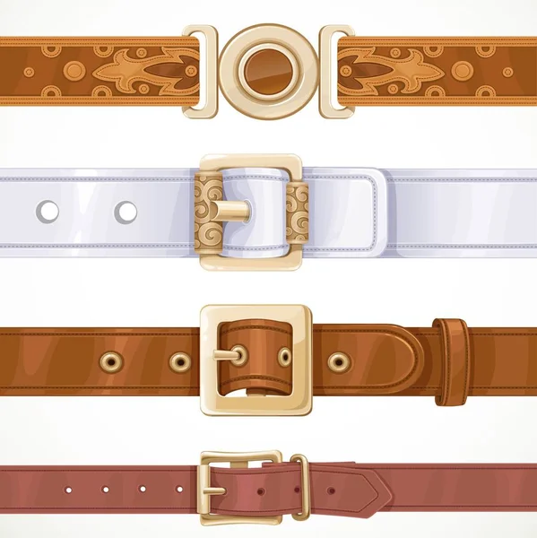 Varios Cinturones Cuero Abotonados Hebillas Aisladas Sobre Fondo Blanco — Archivo Imágenes Vectoriales