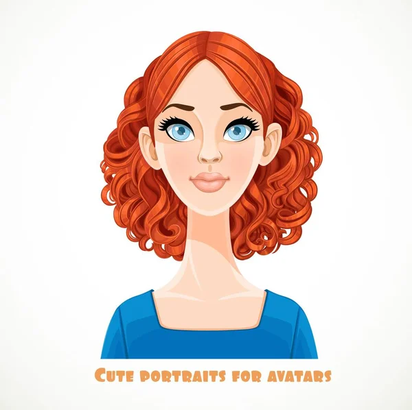 Piękna Niebieskooka Rudowłosa Kobieta Kręconym Portretem Włosów Dla Avatara Odizolowana — Wektor stockowy
