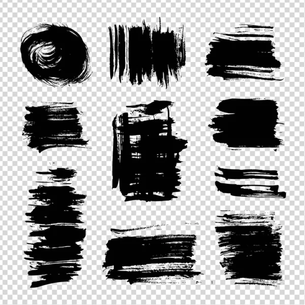 Abstract Zwart Verschillende Vorm Penseelstreken Geïsoleerd Imitatie Transparante Achtergrond — Stockvector