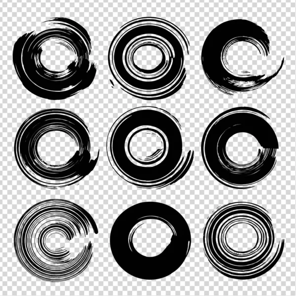 Текстурированные Абстрактные Круглые Черные Мазки Кисти Изолированные Прозрачном Фоне Имитации — стоковый вектор