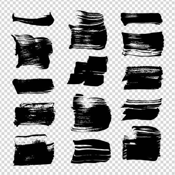 Coups Pinceau Texturés Noirs Différentes Formes Isolés Sur Fond Transparent — Image vectorielle