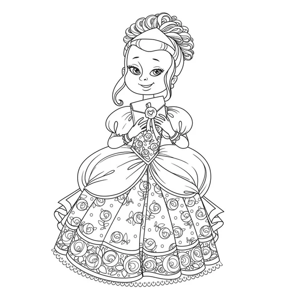 Hermosa Princesa Sosteniendo Carta Sobre Esbozado Imagen Para Colorear Libro — Vector de stock