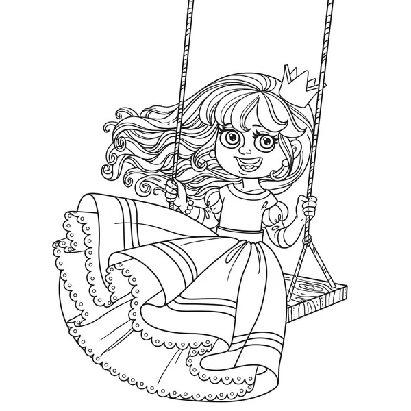 Bela Princesa Montando Balanço Delineado Para Colorir Livro Isolado Fundo — Vetor de Stock