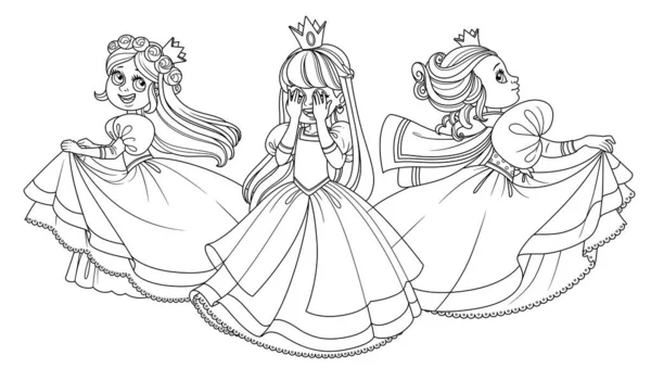 Three Very Cute Princesses Playing Hide Seek Outlined Coloring Book — Stock Vector