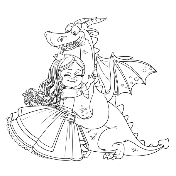 Petite Princesse Étreintes Dragon Image Esquissée Pour Livre Colorier Sur — Image vectorielle