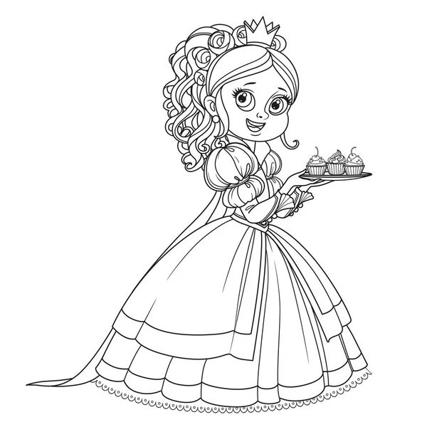 Schöne Prinzessin Mit Cupcakes Auf Einem Teller Umrissen Für Malbuch — Stockvektor