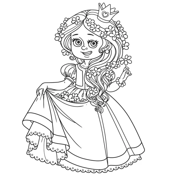 髪に花を持つ美しい王女と白い背景に隔離された本を着色するために概説ドレスの裾 — ストックベクタ