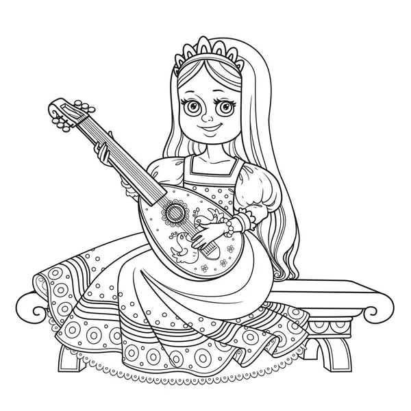 Beautiful Princess Sits Bench Plays Lute Outlined Picture Coloring Book — Stock Vector