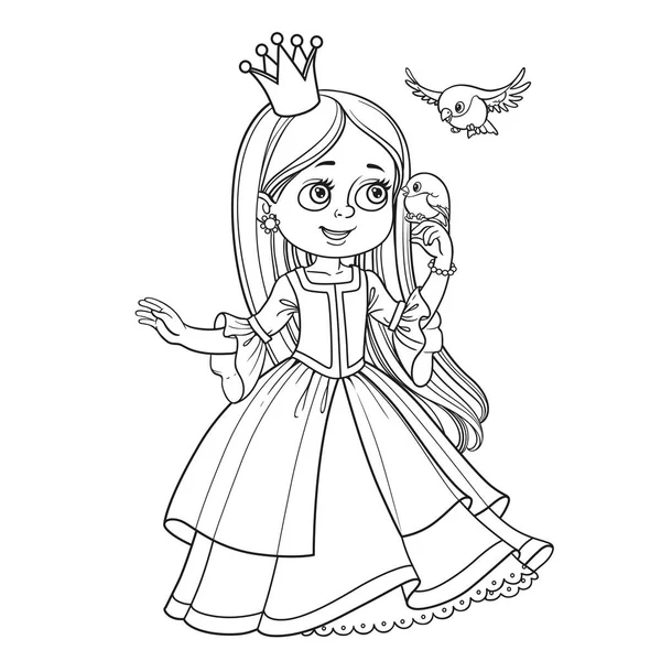 Cute Princess Long Hair Holds Finger Little Bird Outlined Picture — Stock Vector
