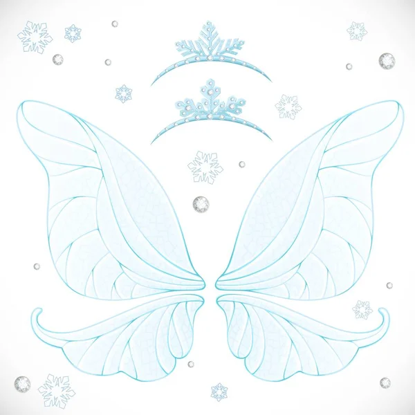 Wintermärchen Blaue Flügel Mit Tiaras Gebündelt Isoliert Auf Weißem Hintergrund — Stockvektor