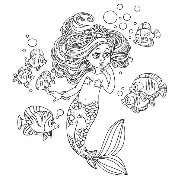 Schöne Kleine Meerjungfrau Mädchen Staunen Kommuniziert Mit Den Fischen Umrissen — Stockvektor