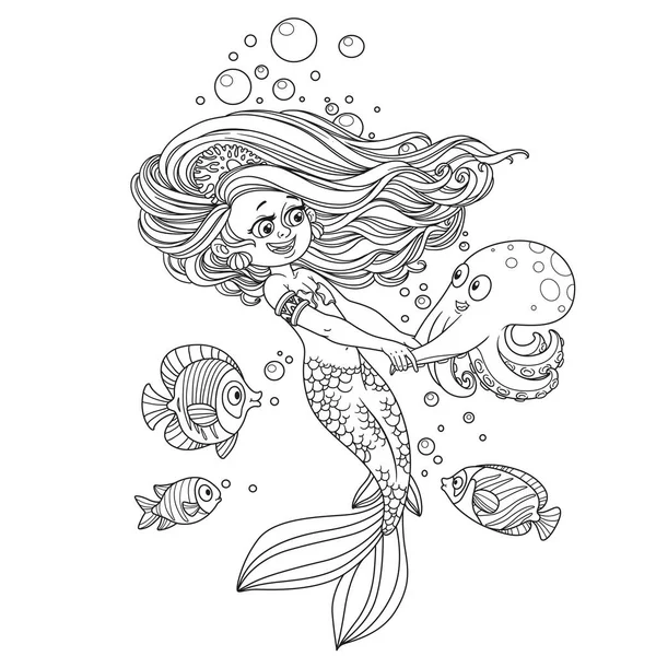 Hermosa Niña Sirena Bailando Con Pulpo Delineado Aislado Sobre Fondo — Vector de stock