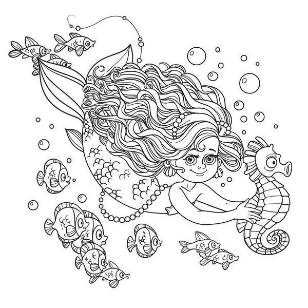 Schöne Kleine Meerjungfrau Schwimmt Mit Seepferdchen Den Händen Umrissen Isoliert — Stockvektor