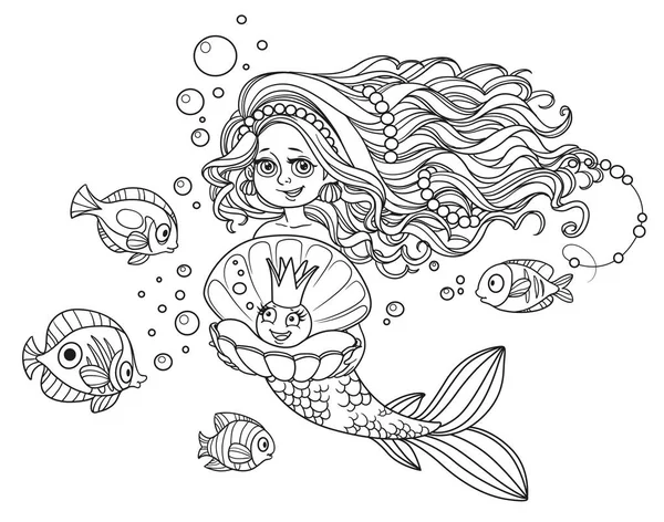 Hermosa Sirena Chica Sosteniendo Una Perla Una Concha Delineada Aislada — Vector de stock