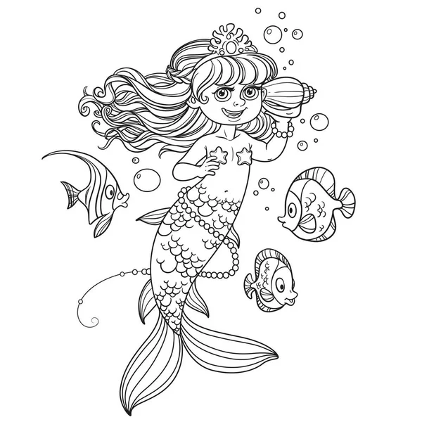 Roztomilé Malá Mořská Panna Dívka Plave Vodě Naslouchá Shell Obrysu — Stockový vektor