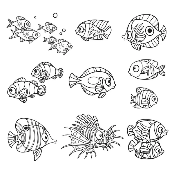 Dessin Animé Poissons Mer Mis Évidence Isolé Sur Fond Blanc — Image vectorielle