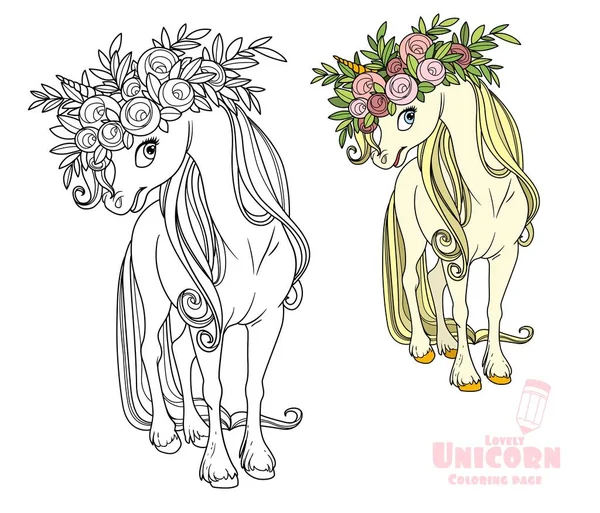 Unicornio Mágico Corona Rosas Color Imagen Delineada Para Colorear Libro — Archivo Imágenes Vectoriales