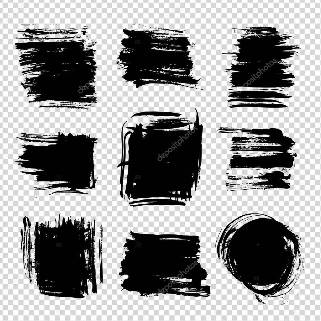 Abstract textured black different shape brushstrokes isolated on imitation transparent background