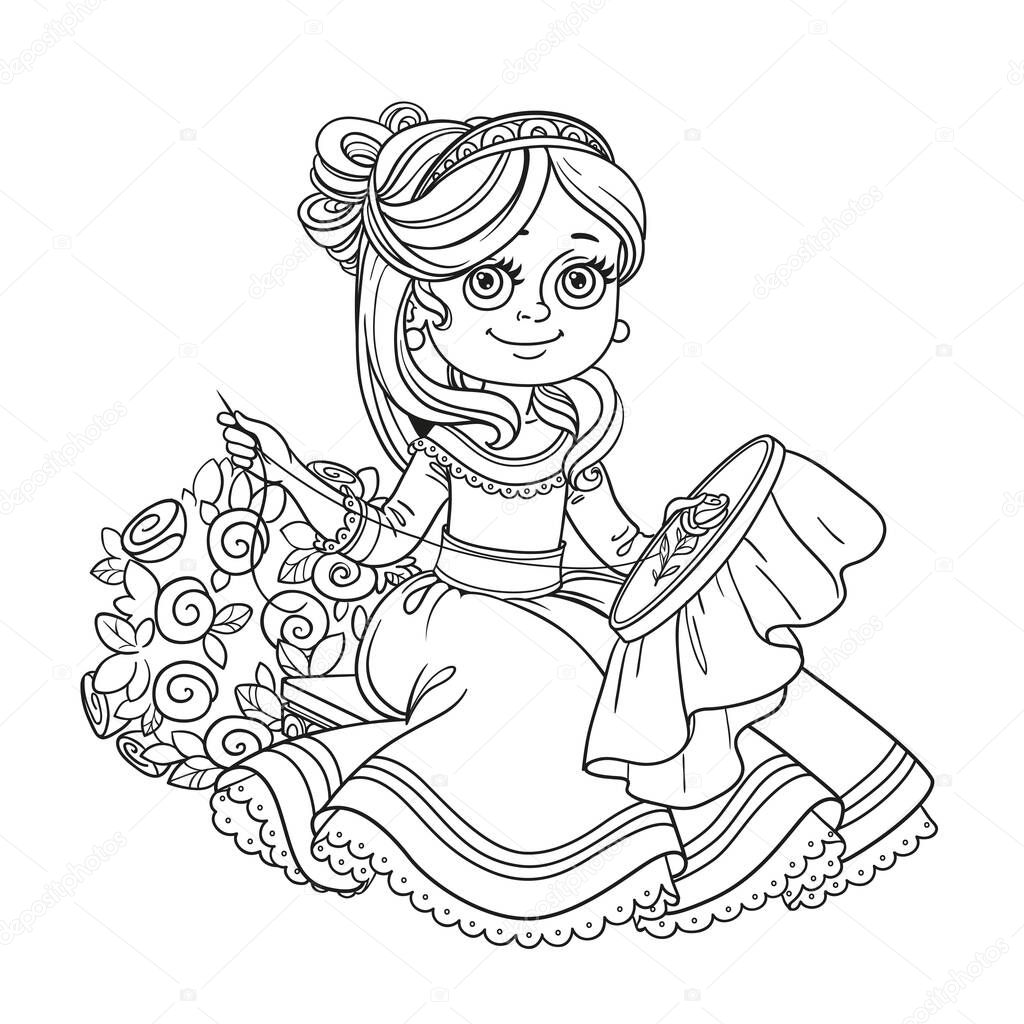 Beautiful princess sitting on a bench near a bush of roses and embroiders outlined picture for coloring book on white background