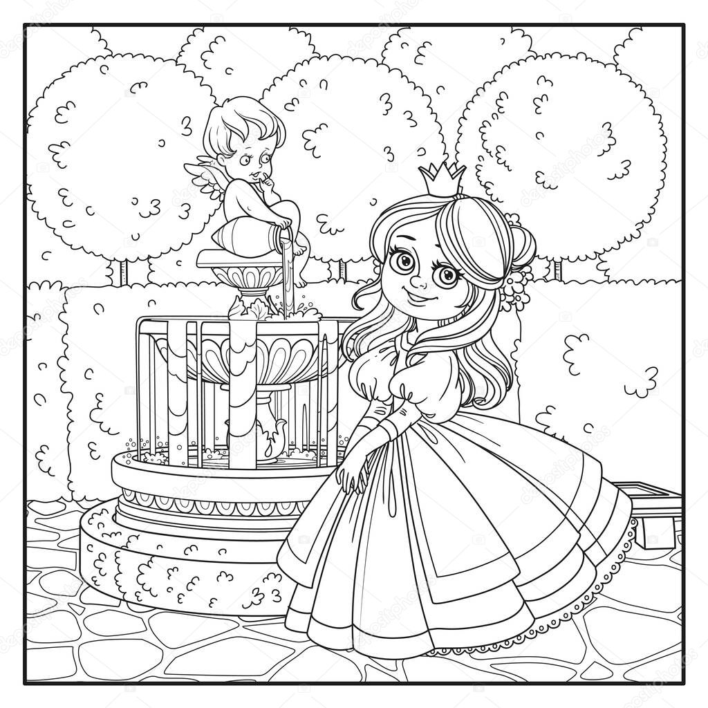 Cute princess in palace park with Cupid fountain outlined for coloring