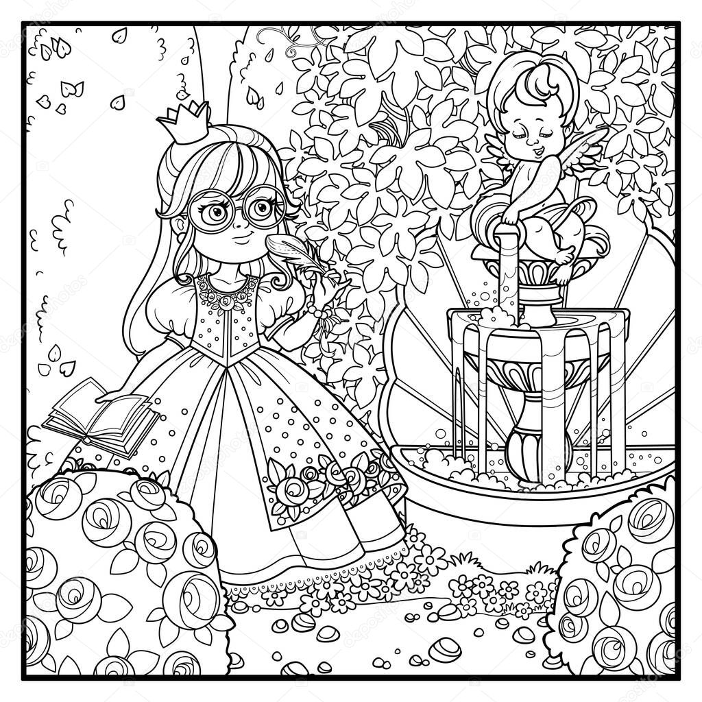 Cute princess with pen and diary for records in palace park with cupid pouring water from jug a fountain entwined with wild grapes and rose bushes outlined for coloring