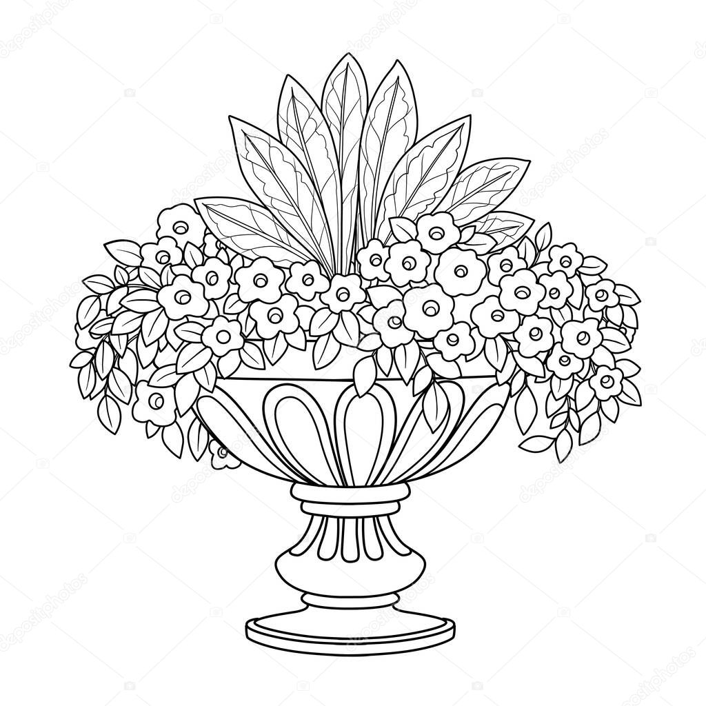 Flower bush growing in a big curly garden vase outlined for coloring