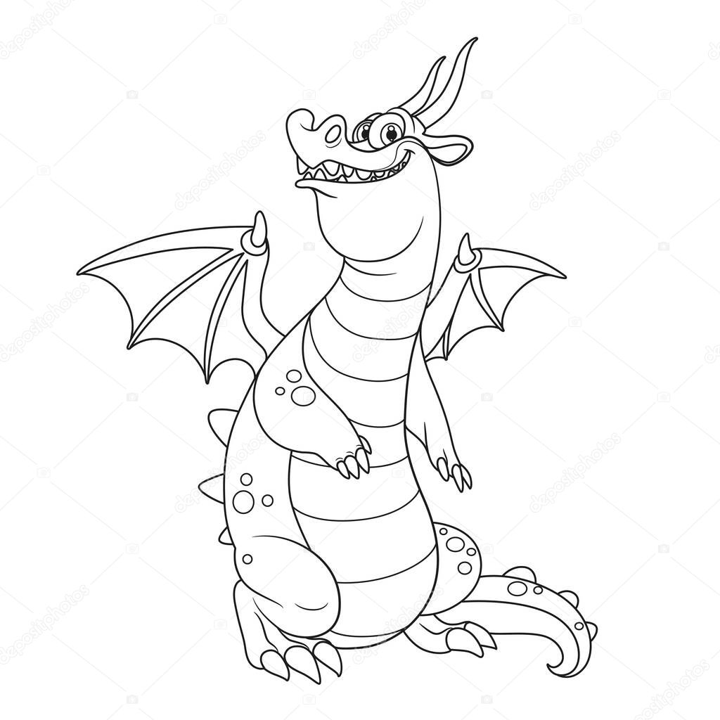 Cheerful dragon with wings and horns outlines for coloring isolated on white background