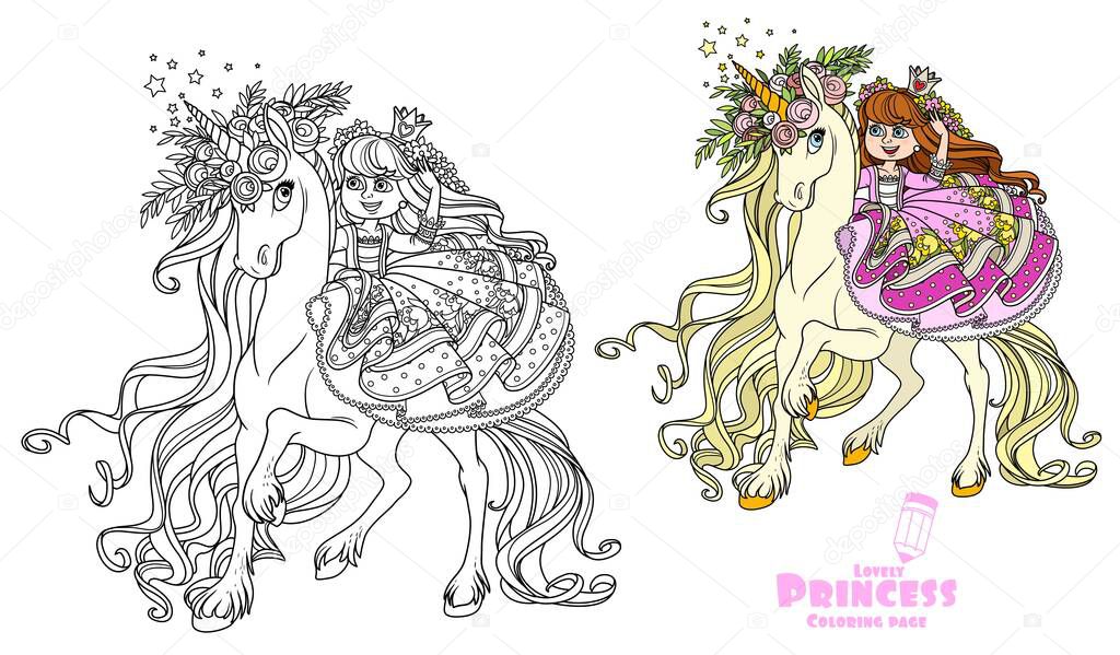 Beautiful princess rides on the back of a unicorn in a wreath of roses color and outlined picture for coloring book on white background