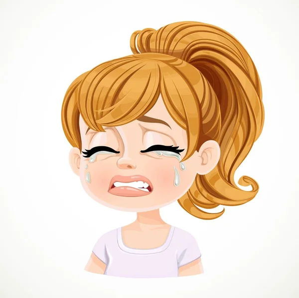 Beautiful Inconsolably Crying Cartoon Fair Haired Girl Hair Gathered Ponytail — Stock Vector