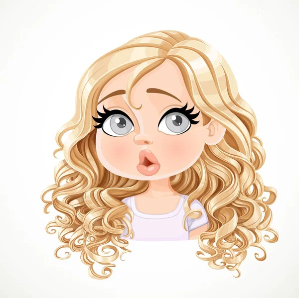 Beautiful Surprised Cartoon Blond Girl Magnificent Curly Hair Portrait Isolated — Stock Vector