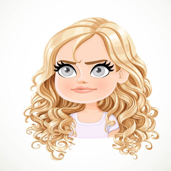 Красивая упрямая блондинка с великолепным кудрявым портретом на белом фоне
