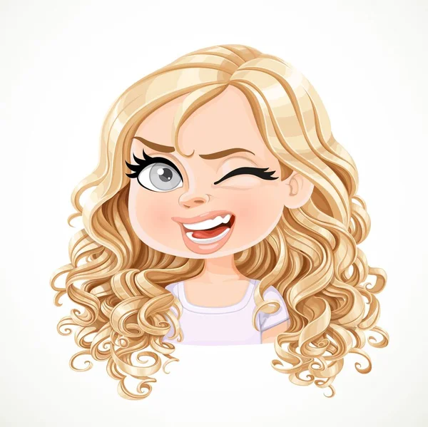 Mooi Vrolijk Knipoog Cartoon Blond Meisje Met Prachtige Krullend Haar — Stockvector