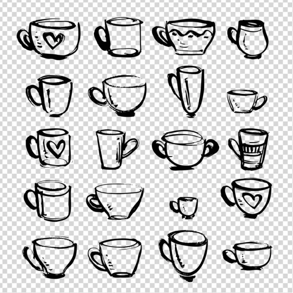 Set Cups Various Shapes Sizes Painted Brush Thick Paint Strokes — Stock Vector