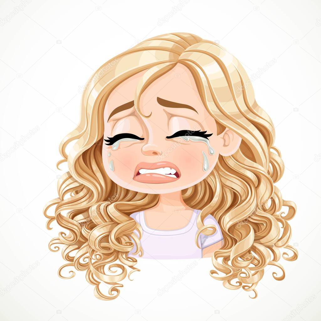 Beautiful inconsolably crying cartoon blond girl with magnificent curly hair portrait isolated on white background