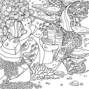 Mercan resifinde balıklar ve beyaz arka planda izole edilmiş deniz şakayıkları olan su altı dünyası.